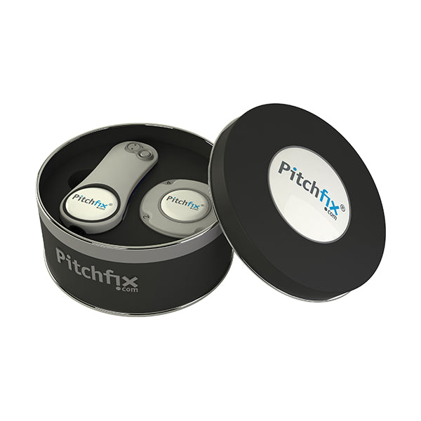 Round Golf Gift Tin with Fusion 2.5 repair tool and Multimarker chip