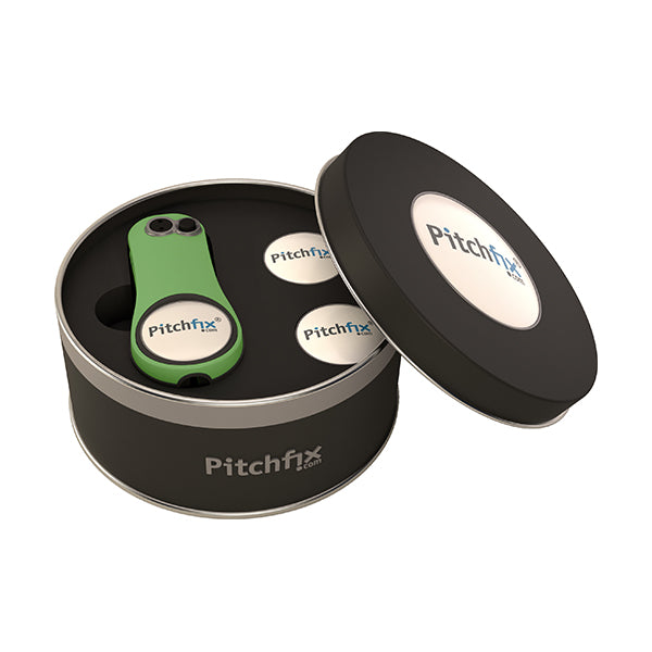 Round Golf Gift Tin with Hybrid2.0 repair tool and ballmarkers