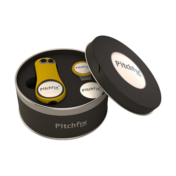 Round Golf Gift Tin with Fusion 2.5 repair tool and hatclip